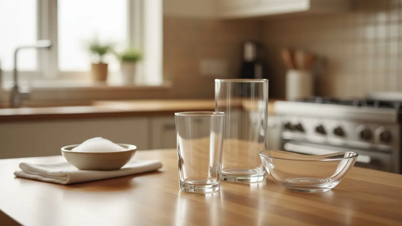 Skinnende drikkeglas, glasvase og glasskål på køkkenbordet