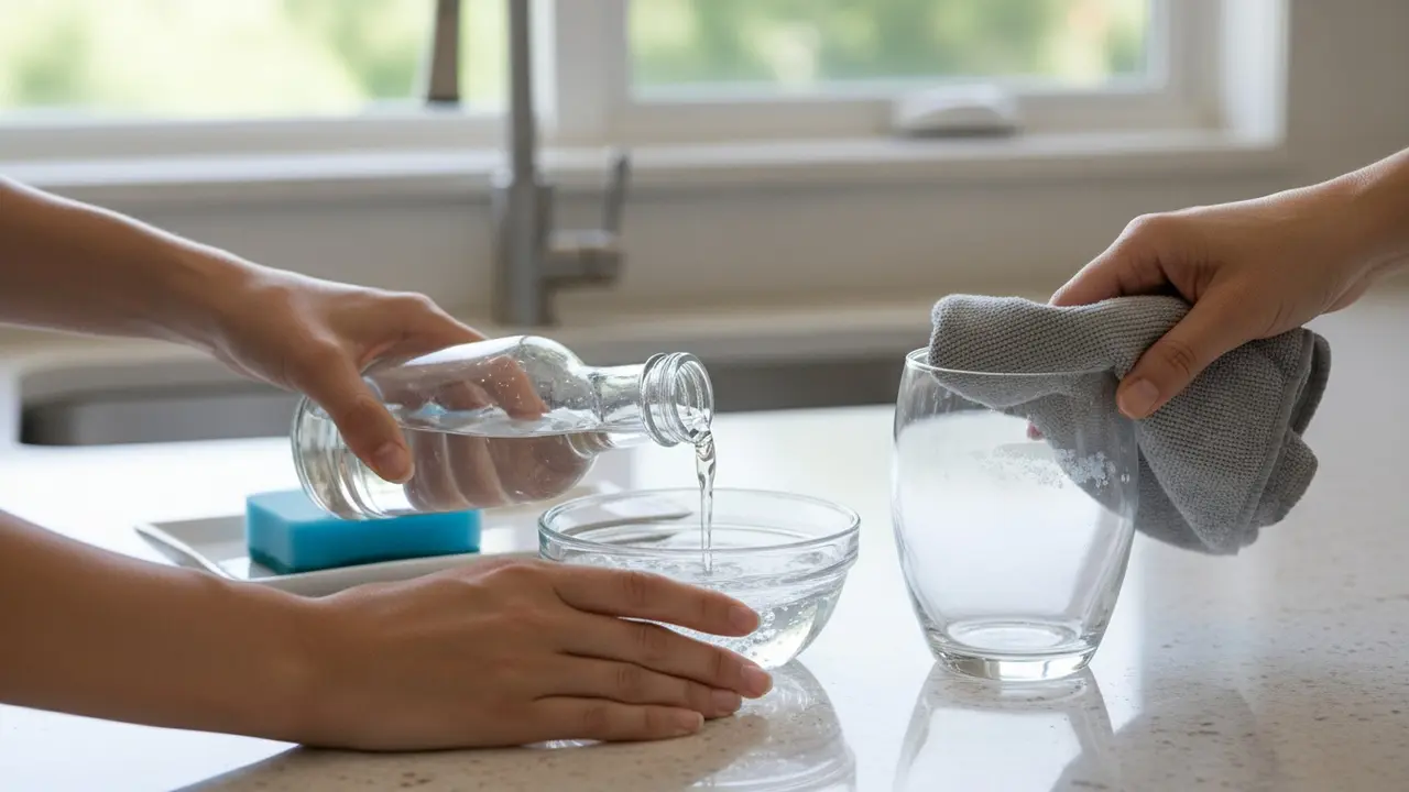 Person laver en eddike- og vandopløsning og tørrer kalk fra glas