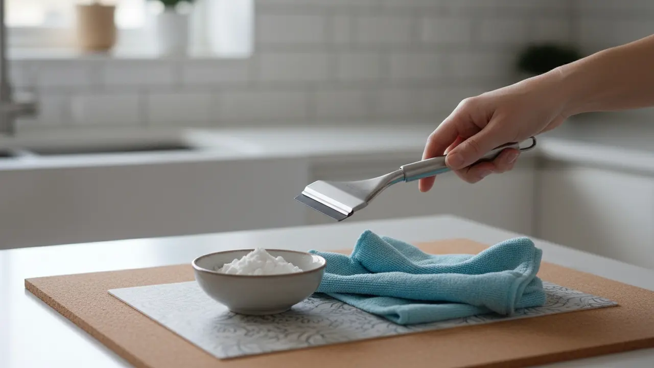 Glasskraber, natronpasta og mikrofiberklud klar til rengøring af glas