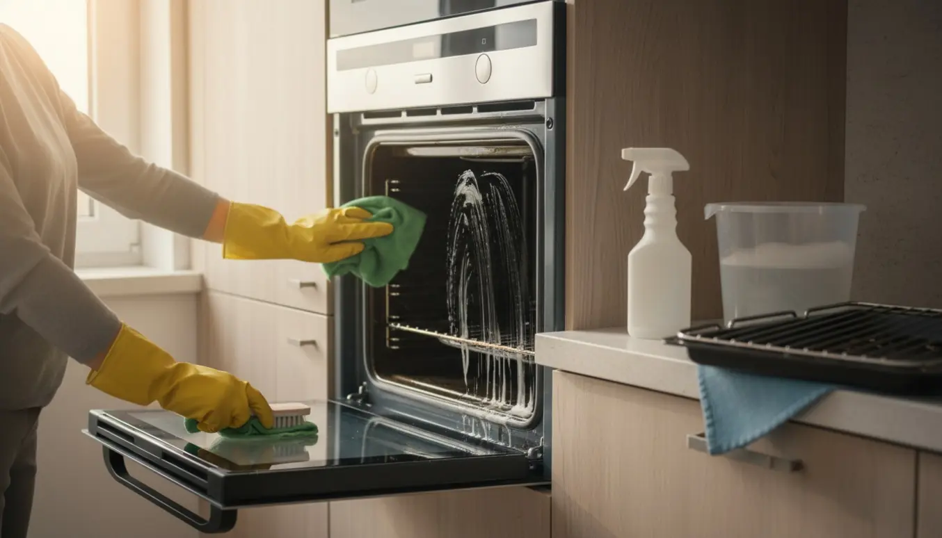 Åben ovn i et lyst lejlighedskøkken med handskeklædte hænder, rengøringsmidler og en tydelig før-og-efter-effekt.