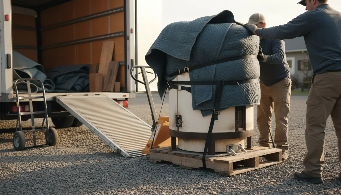 Keramikovn sikret på palle ved levering på grusindkørsel med flytteudstyr i brug.