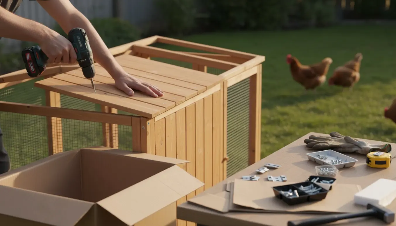 Nærbillede af hænder, der samler et nyt træhønsehus i haven med elskruetrækker og værktøj.