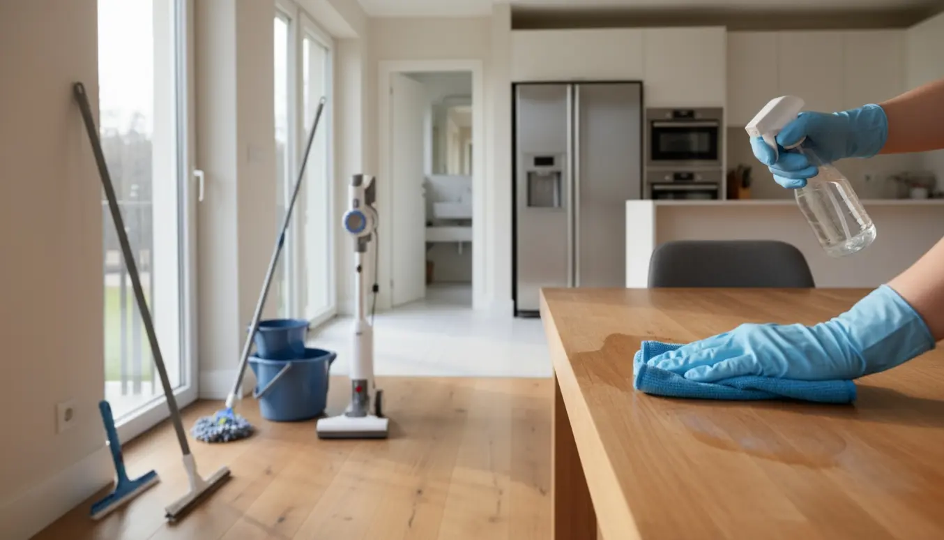 Nærbillede af hænder i gummihandsker, der tørrer et spisebord med støvsuger, moppe og et skinnende køkken i baggrunden.