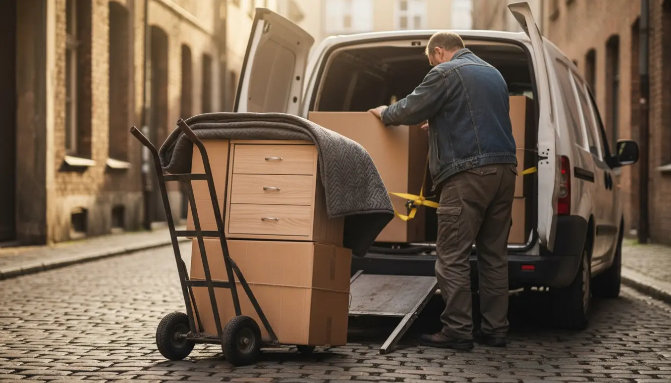 En person læsser papkasser og en lille tre-skuffers kommode på en varevogn i indre by.