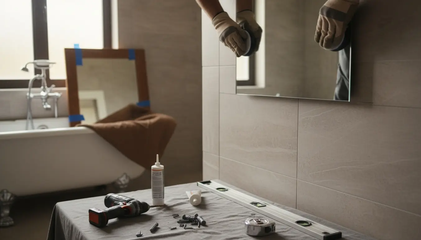 Nyt spejl hænges op på en flisebeklædt badeværelsesvæg med værktøj og det gamle indpakkede spejl i baggrunden.