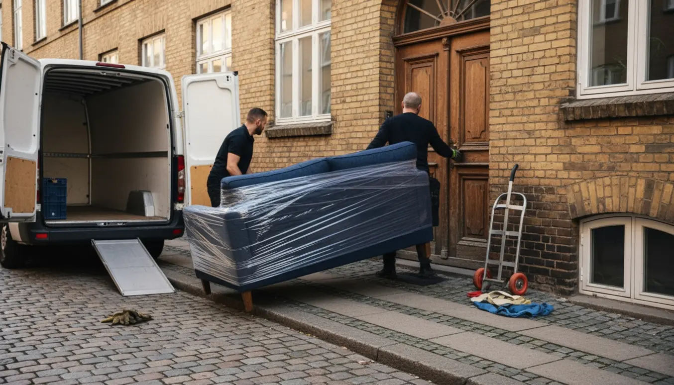 En sofa dækket af flyttetæppe bæres fra fortovet ind i en stuelejlighed ved en varevogn.