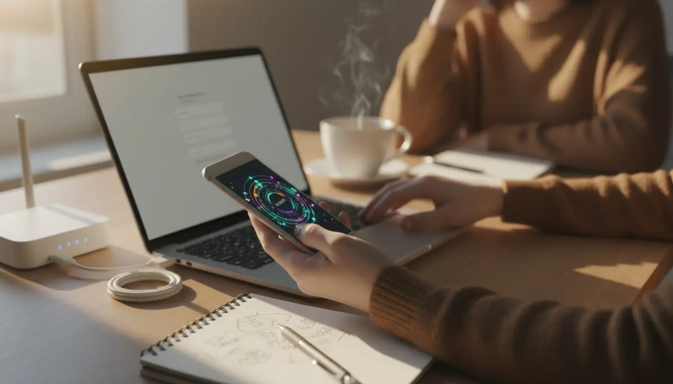Hænder ved en smartphone og laptop ved et skrivebord, der forsøger at løse et login-problem hjemme.