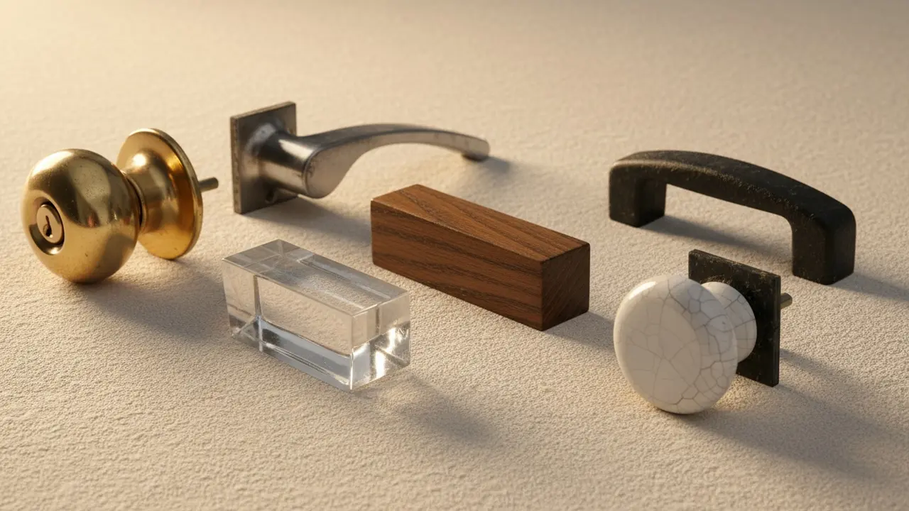 Forskellige håndtag (metal, messing, træ, plastik) vist tæt på på neutral baggrund
