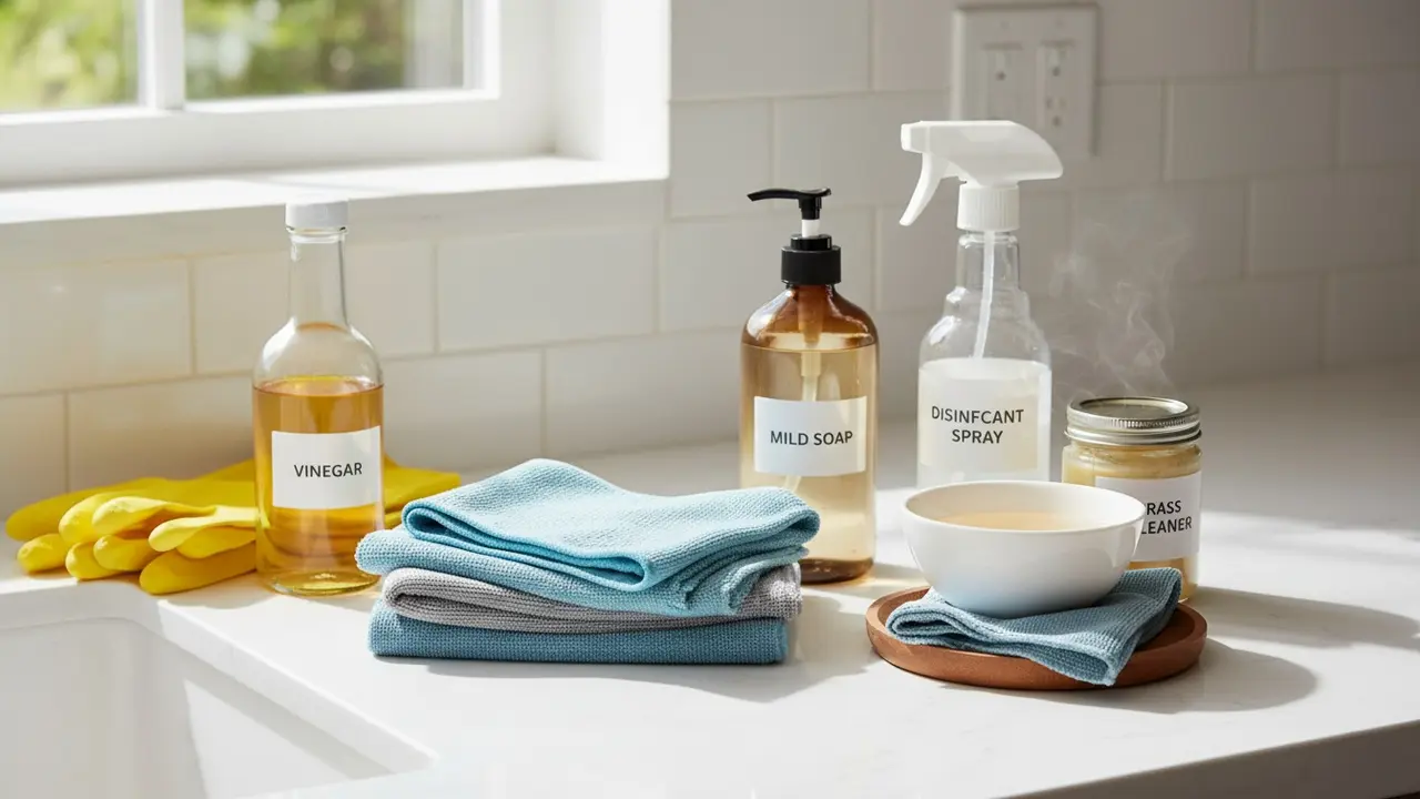 Rengøringsudstyr samlet på bord: mikrofiberklude, sæbe, desinfektion, eddike og handsker