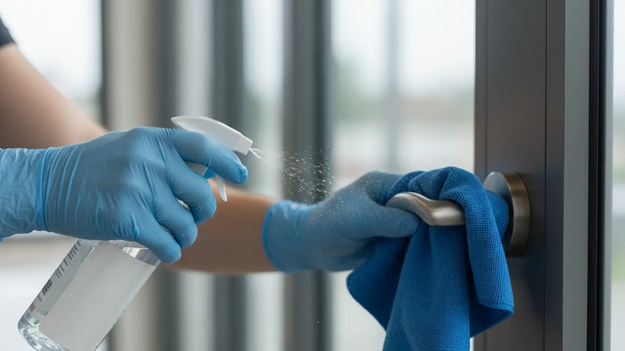 Nærbillede af hænder der sprayer og tørrer et dørhåndtag af med mikrofiberklud