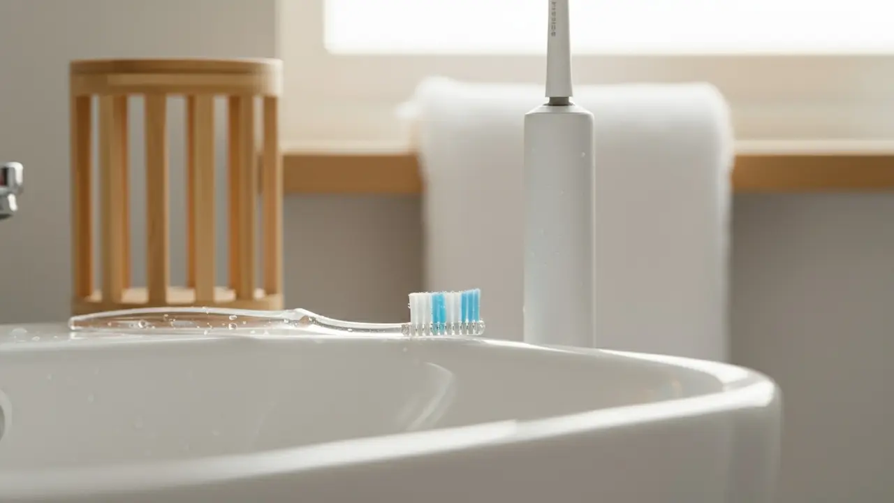 Ren manuel og eltandbørste ved vasken med ventilationsholder og tør klud