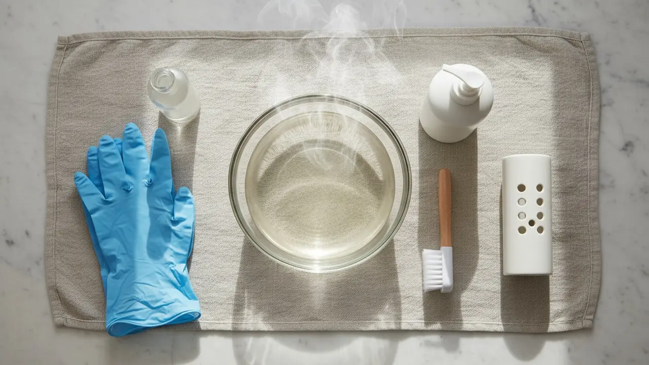 Oversigt over rengøringsmaterialer: skål med varmt vand, mild sæbe, handsker og tandbørsteholder