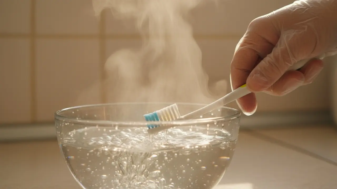 Hånd med beskyttelseshandske dypper tandbørste i skål med kogende vand og synlig damp