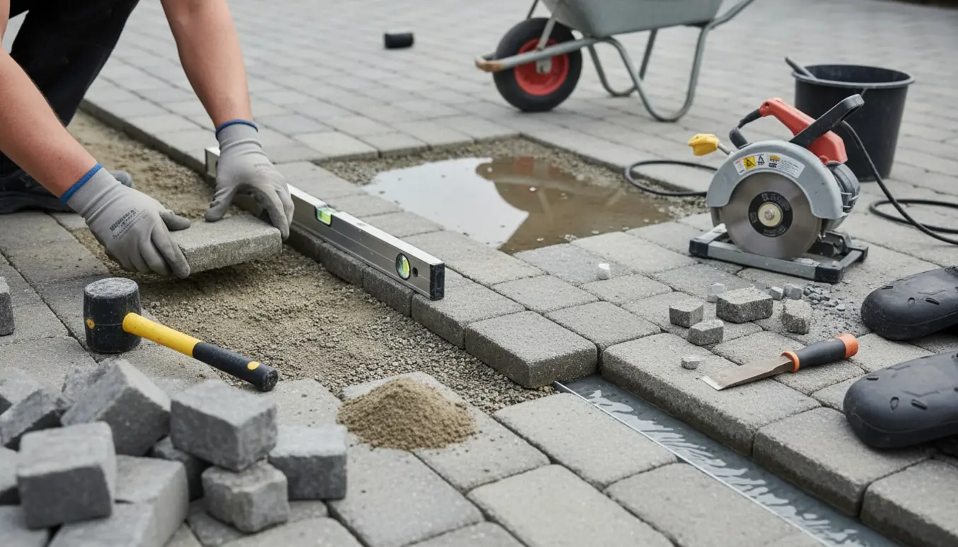 Nærbillede af reparation af grå herregårdsbelægning med værktøj og udskiftede sten, uden synlige ansigter.