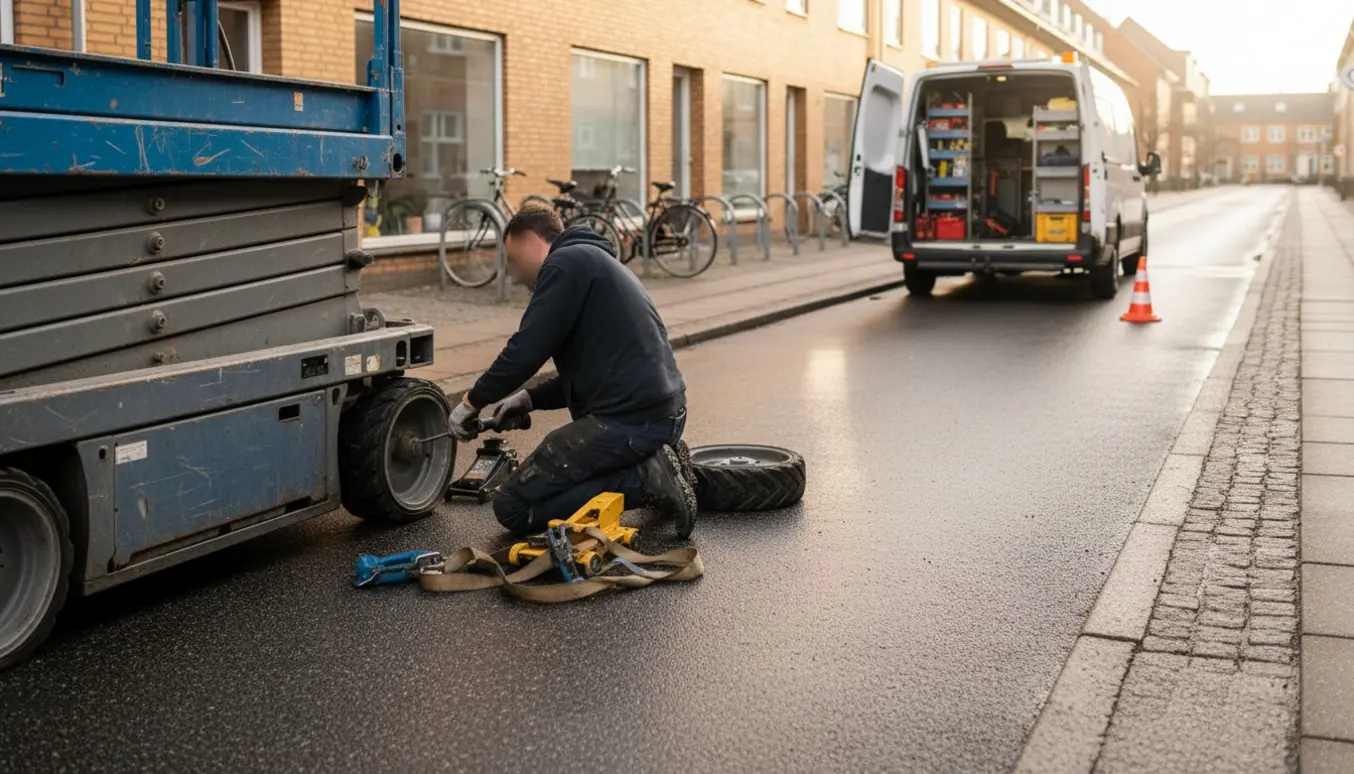 En tekniker reparerer et fladt hjul på en lift ved fortovet i et forstadsområde.
