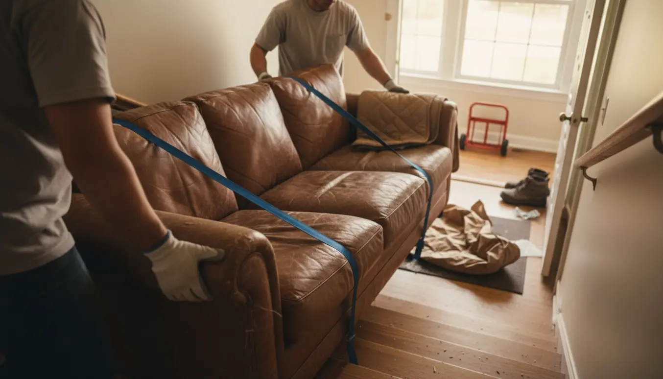 To flyttemænd bærer en slidt lædersofa ned ad en trappe mod storskrald.