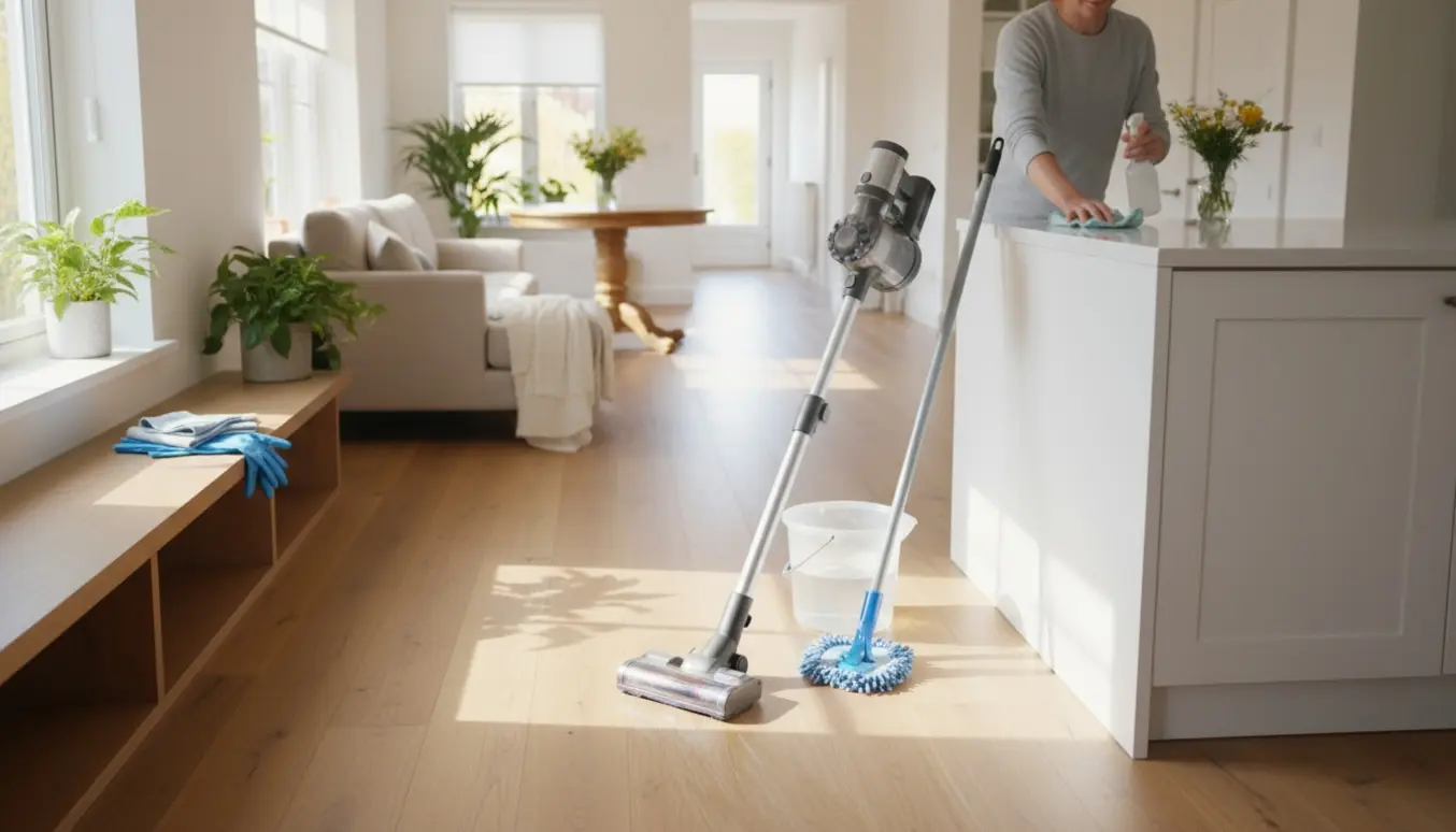 Lys, åben stue og køkken i et hus under rengøring med støvsuger, moppe og rengøringsudstyr.