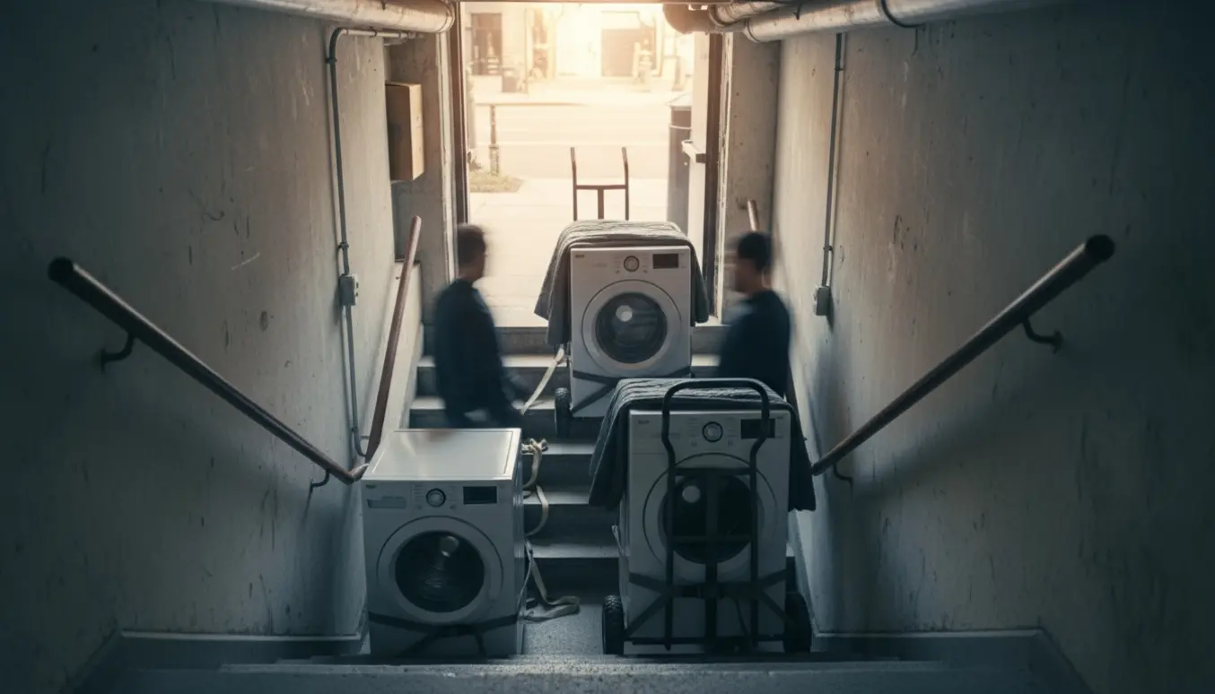 Tre hvide vaskemaskiner/opvaskemaskiner køres op fra en kælder mod gadeplan på en håndtruck.