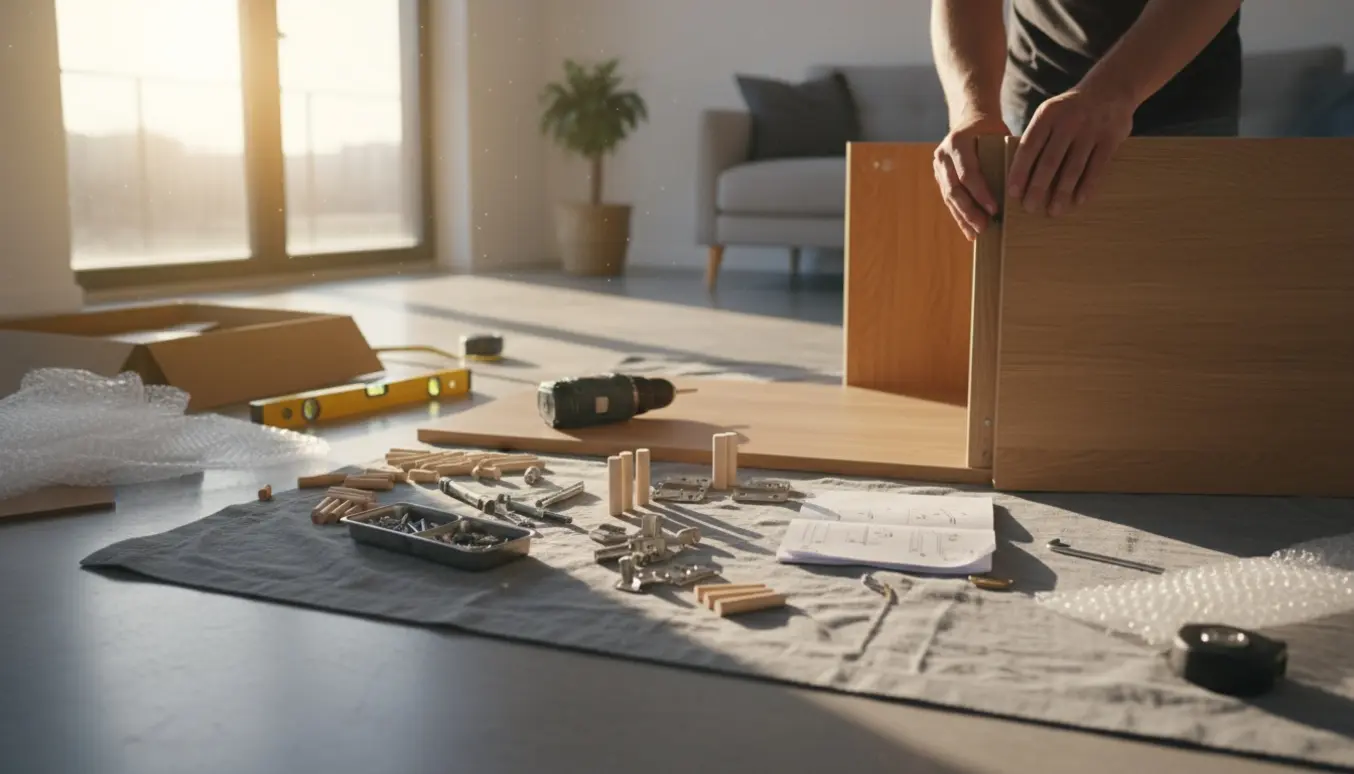 Hænder samler et træskab på et lyst gulv med værktøj og skabsdele omkring.