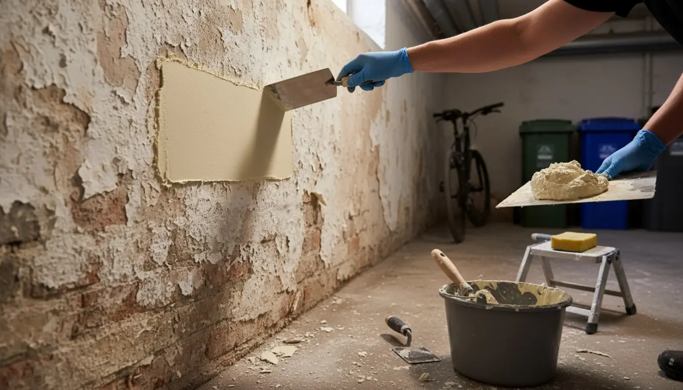 Nærbillede af hænder, der udbedrer kalkede vægge i et kælderrum med værktøj og cykel i baggrunden.