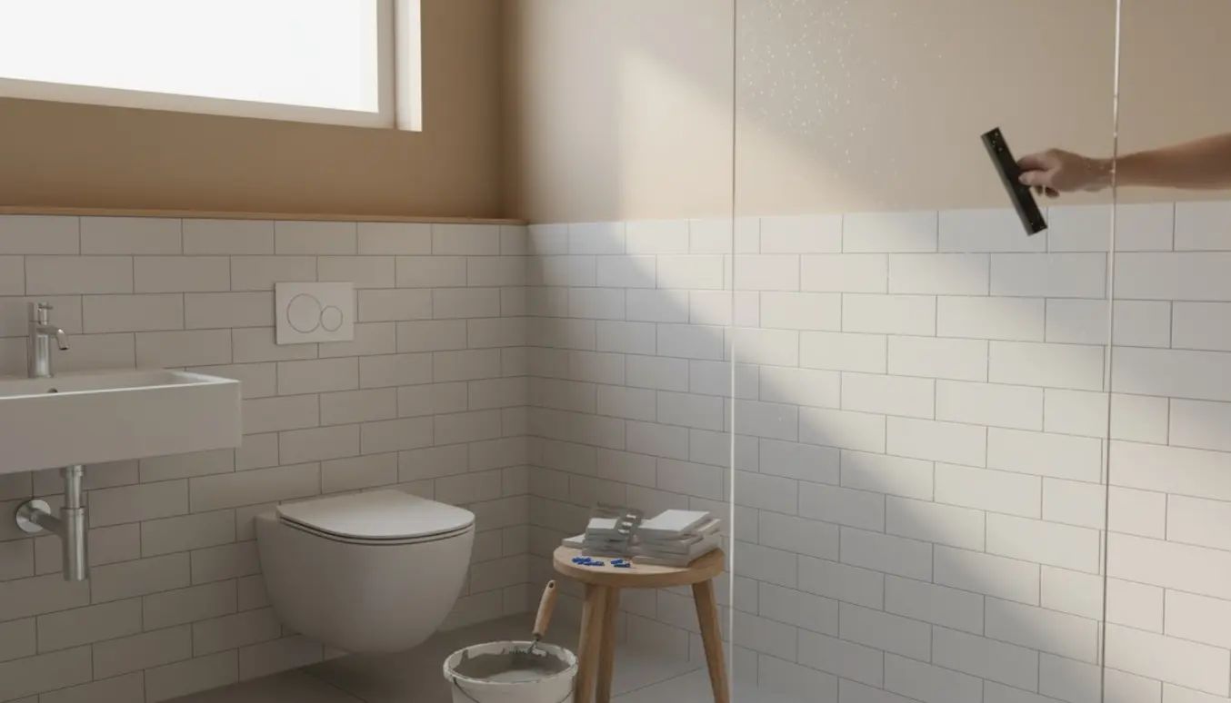 Lille badeværelse med fliser halvvejs op ad væggen og en hånd, der tørrer glasbrusevæggen.