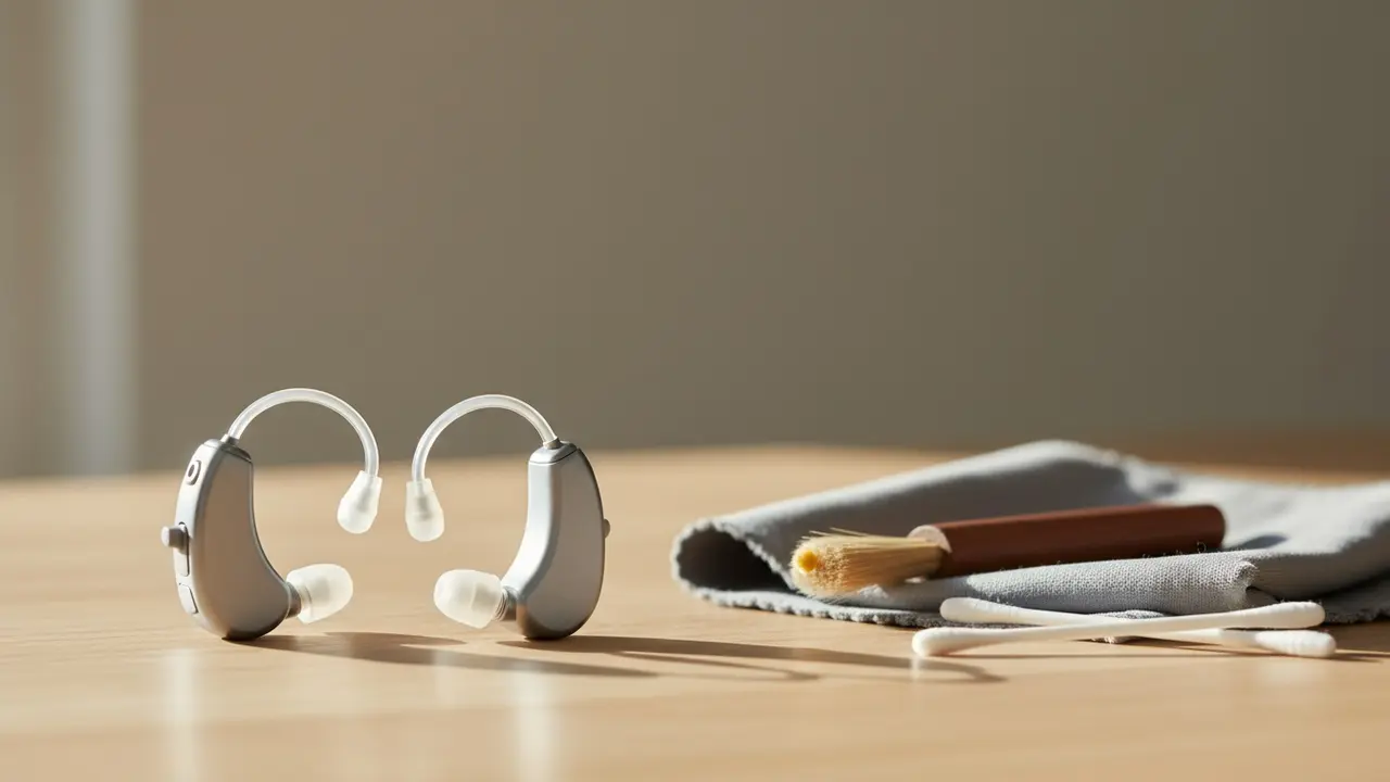 Nærbillede af høreapparater med rengøringsværktøj på bord
