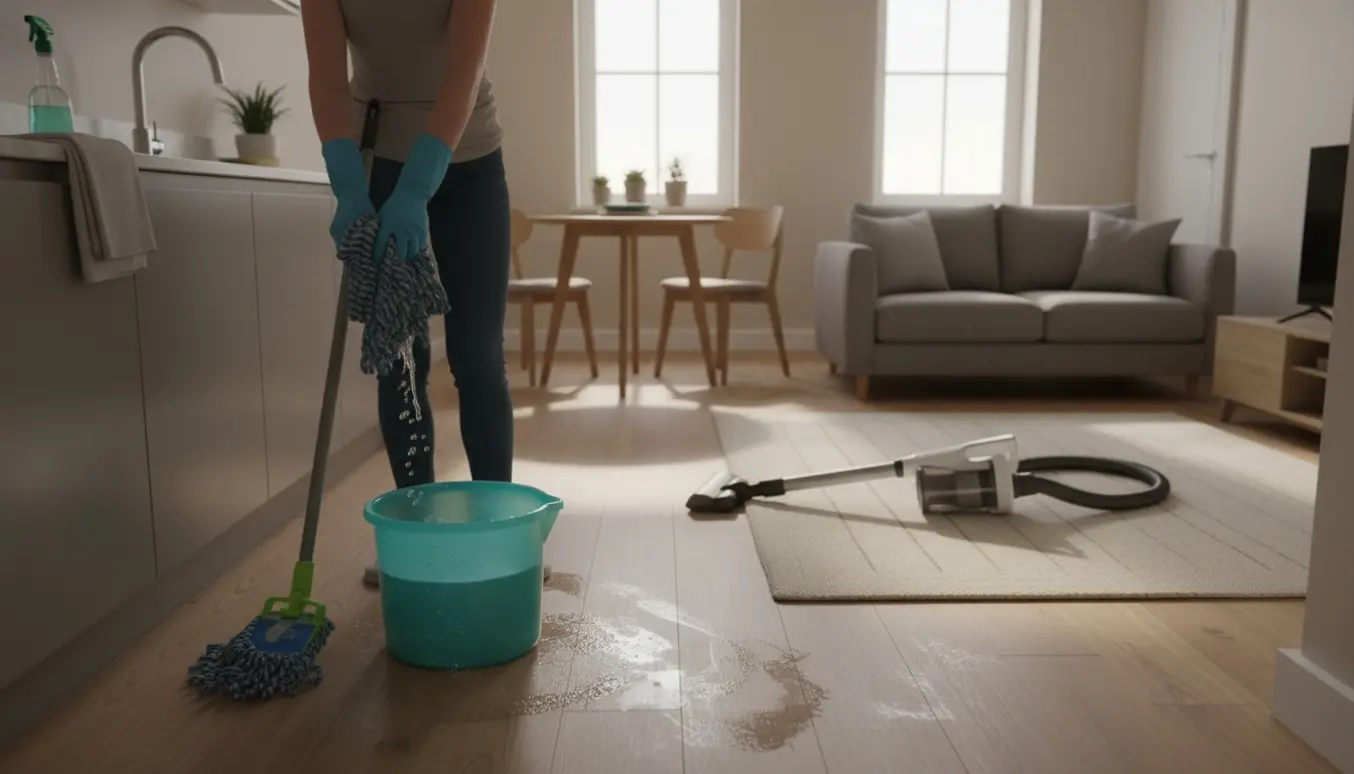 Lys, rengjort rækkehusstue med moppe, spand og handsker, hvor gulvet netop er blevet gjort rent.