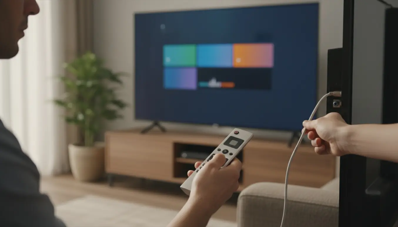 Hænder genindstiller fjernsynets kanaler med fjernbetjening og antennekabel i en lys stue.