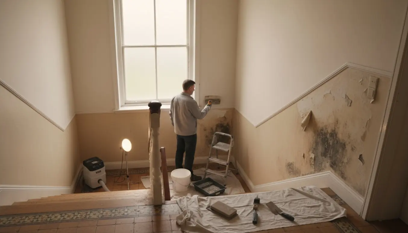 Bagtrappeopgang med inspektion og udbedring af fugtskade, håndværkere arbejder med værktøj og afdækning.