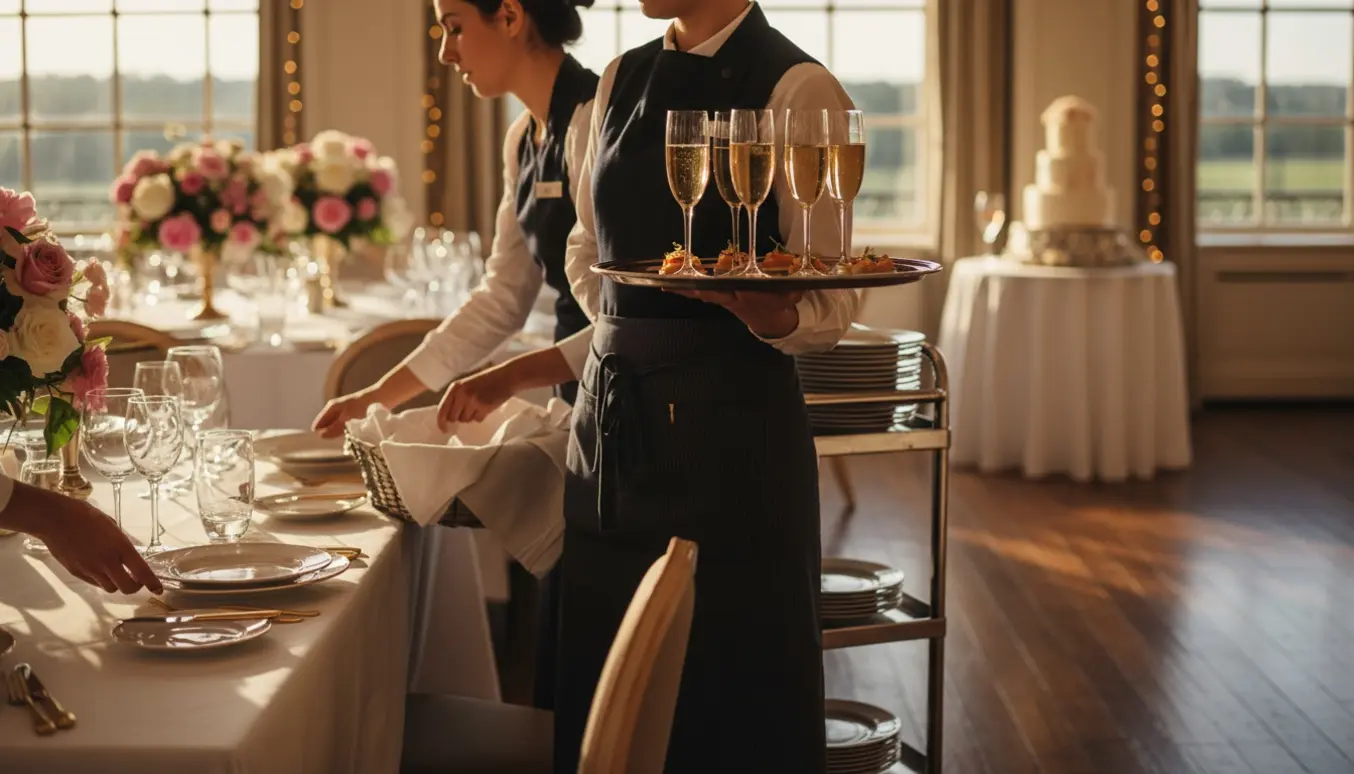To tjenere serverer og rydder op ved en bryllupsreception med hvide duge og blomsterdekorationer.