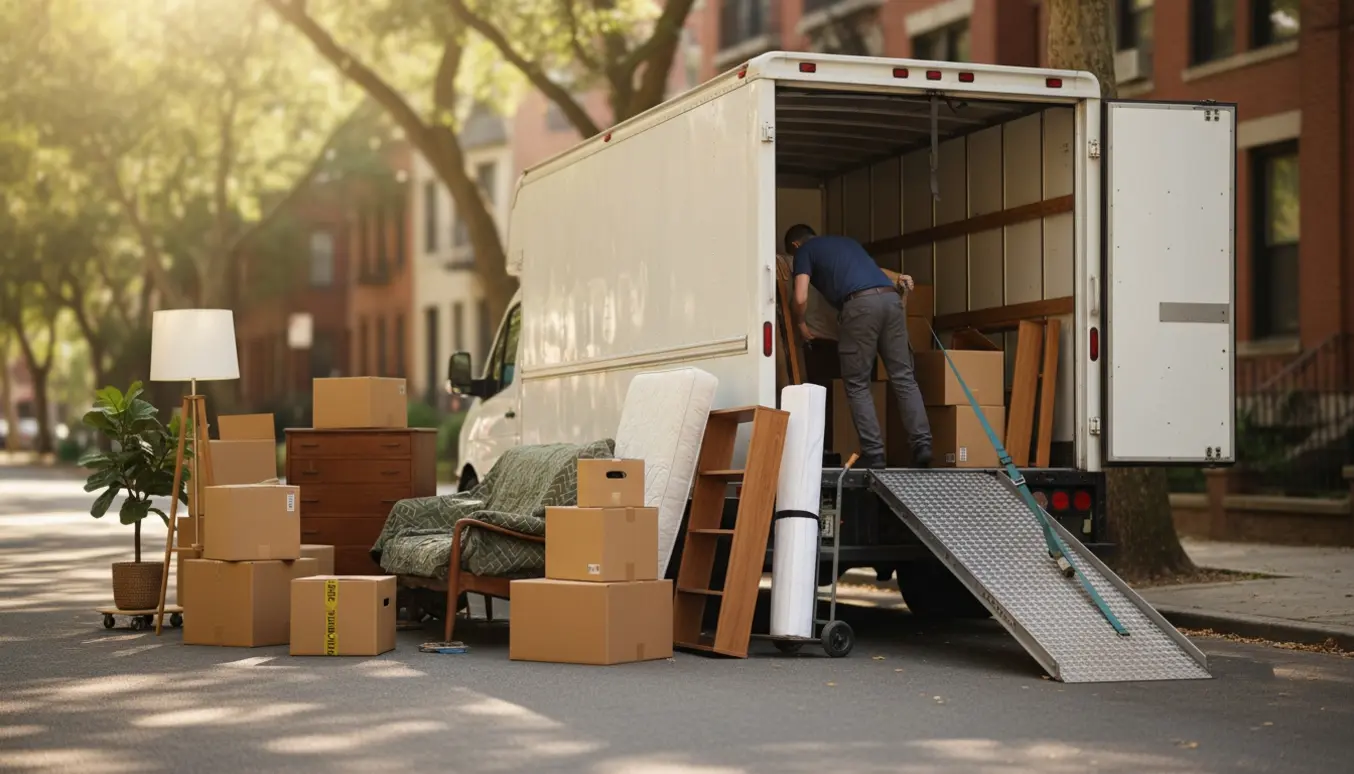 Mellemstor flyttevogn på en boliggade med flyttekasser, beskyttede møbler og flyttere, der læsser ind.