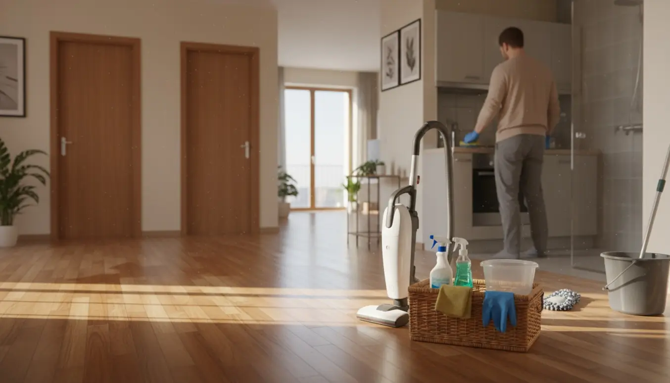 Soloplyst lejlighed under rengøring med rengøringsmidler, støvsuger og gulvmoppe synlige.