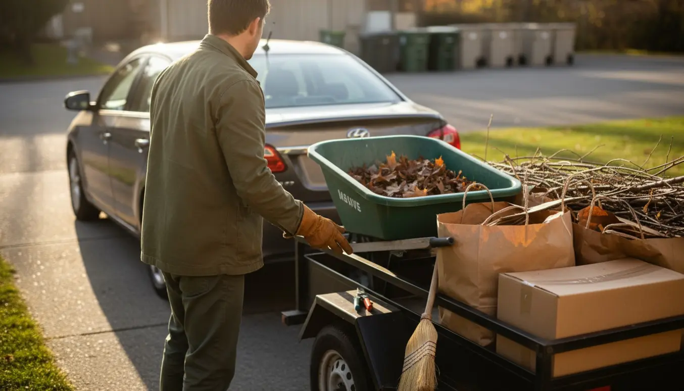 Person læsser haveaffald og pap i en lille anhænger ved en åben bil på en solrig dag.