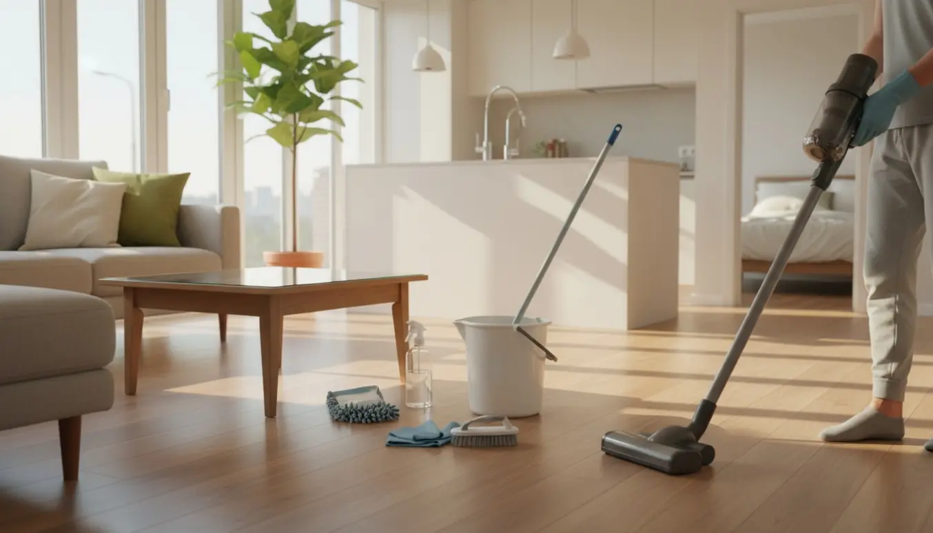 Lyst åbent hjem under rengøring med nypudset gulv og rengøringsudstyr, hvor ingen ansigter ses.