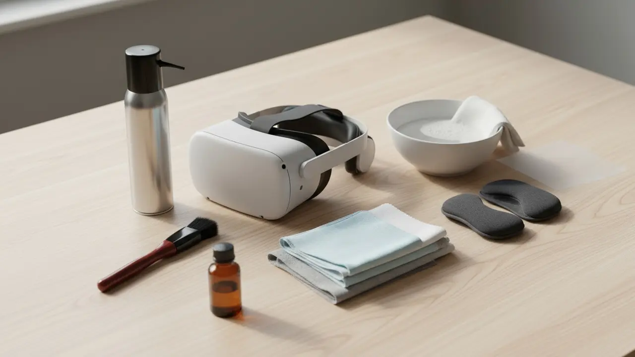 Oversigt over rengøringsudstyr til VR: mikrofiber, børste, trykluft og isopropyl