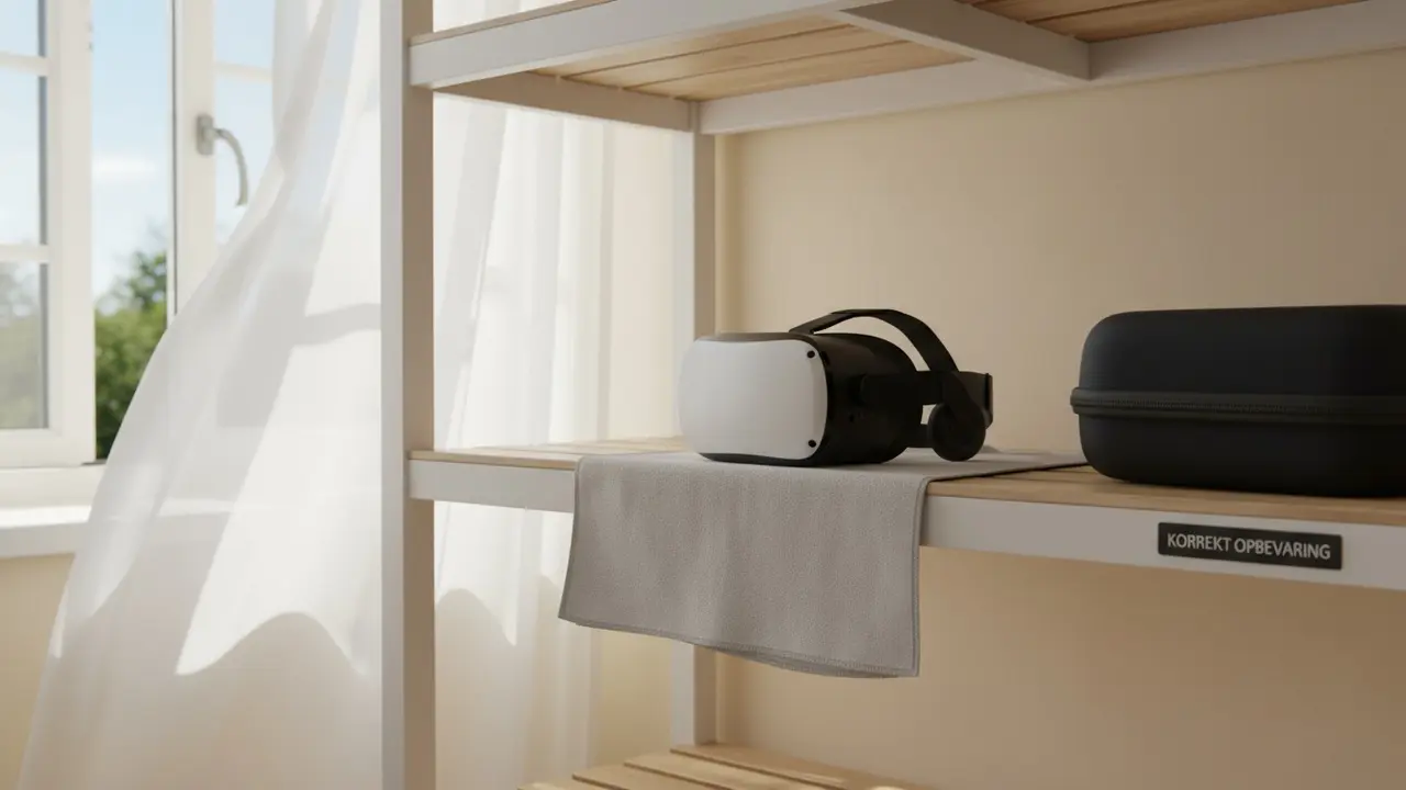 VR-headset til lufttørring på en blød klud på en hylde, væk fra direkte sol