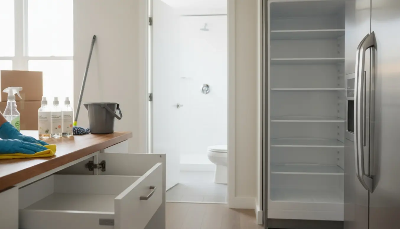 Fraflytningsrengøring i moderne lejlighed med åbne skabe, rengjorte overflader og rengøringsudstyr.