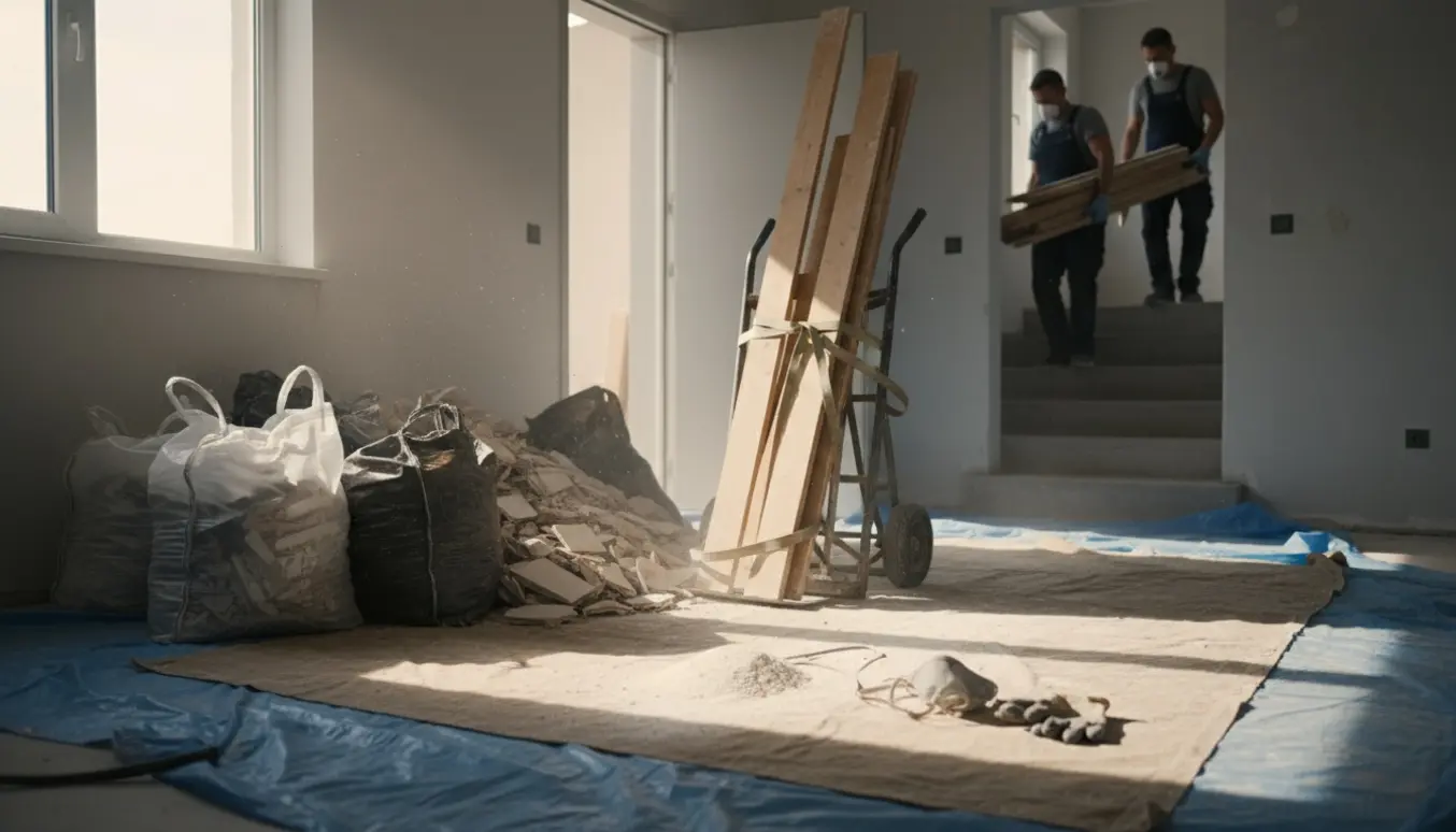 Brædder, puds og byggeaffald samlet i en lejlighedsentré, mens to personer bærer materiale ned ad trappen.