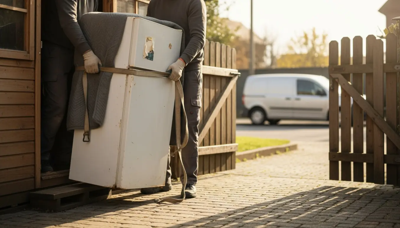 To personer bærer et gammelt defekt køleskab ud af et skur i en gård mod en ventende varevogn.