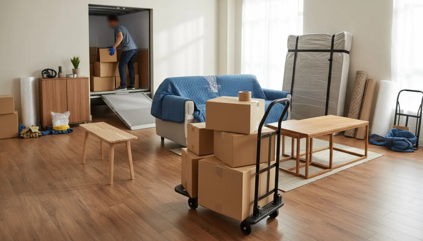 Flyttescene med pakket sofa, tre borde, tre ruller tæpper, ti flyttekasser, bænk, to indpakkede senge og to skoskabe ved en åben flyttebil.