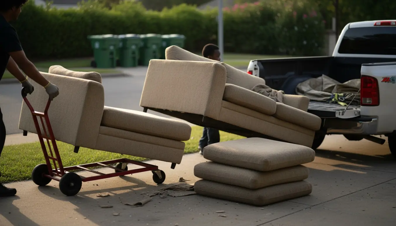 To sofaafsnit læsset klar til skrotning på en pickup med løse rygpuder lagt ved siden af.