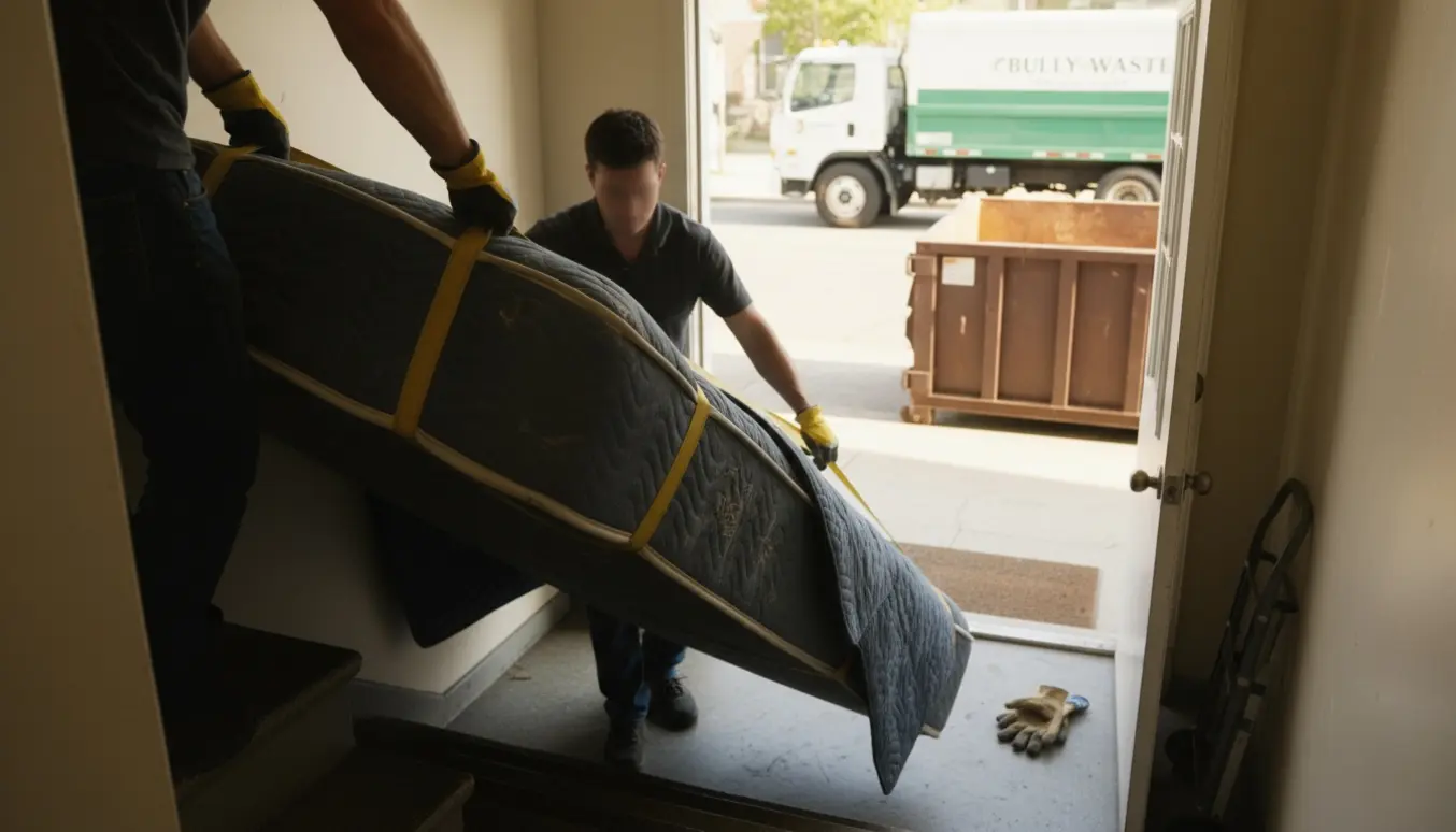 To personer bærer en madras ned ad en trappe fra anden sal mod en åben storskraldscontainer.