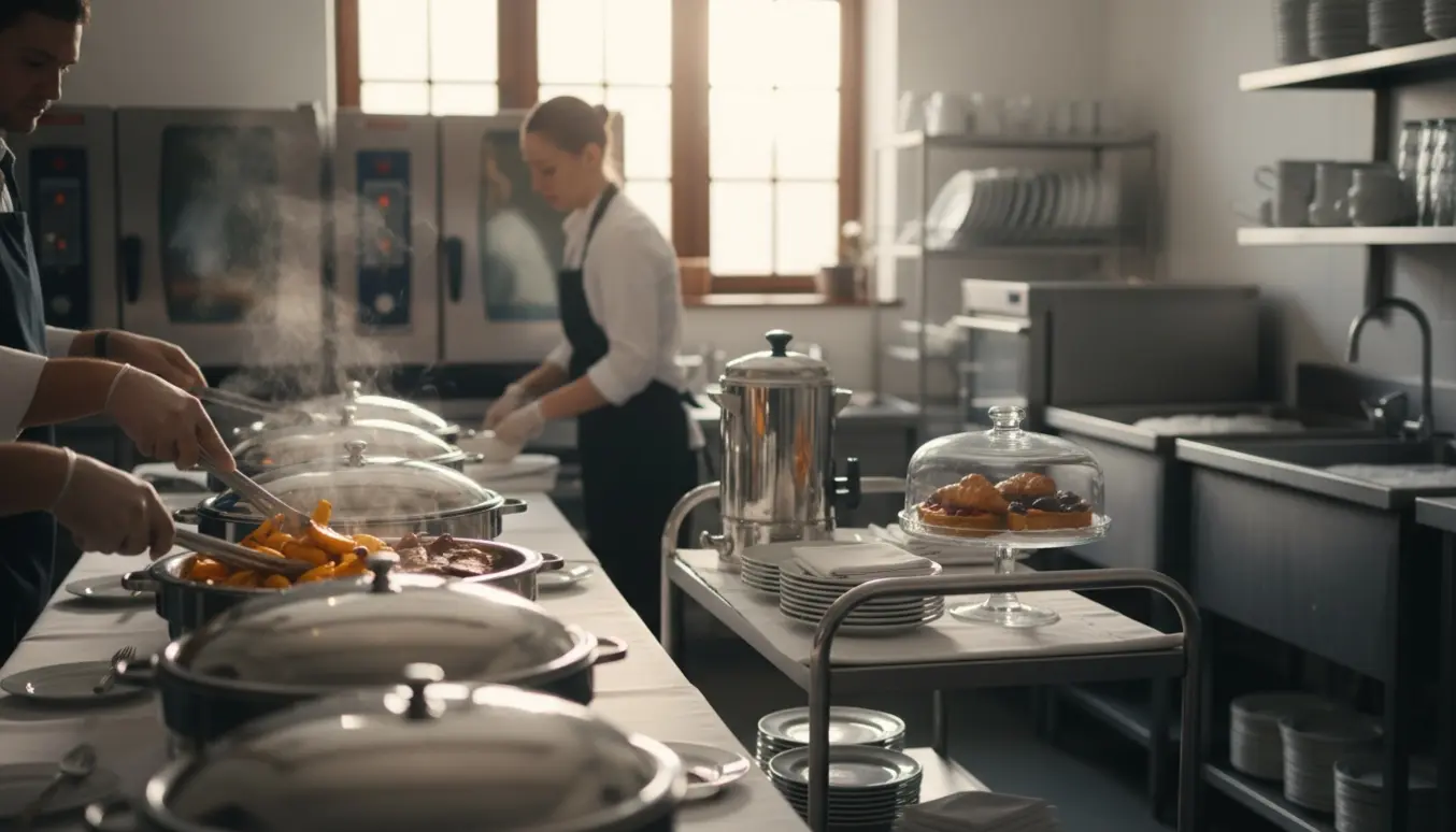 Serveringspersonale fylder op og arrangerer buffet i et professionelt køkken.