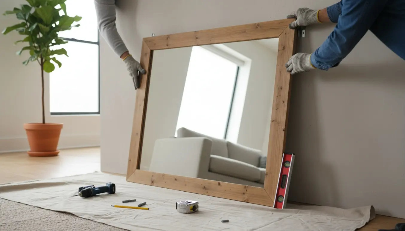 Nærbillede af et stort spejl, der hænges op på en væg med handsker og værktøj i blødt dagslys.