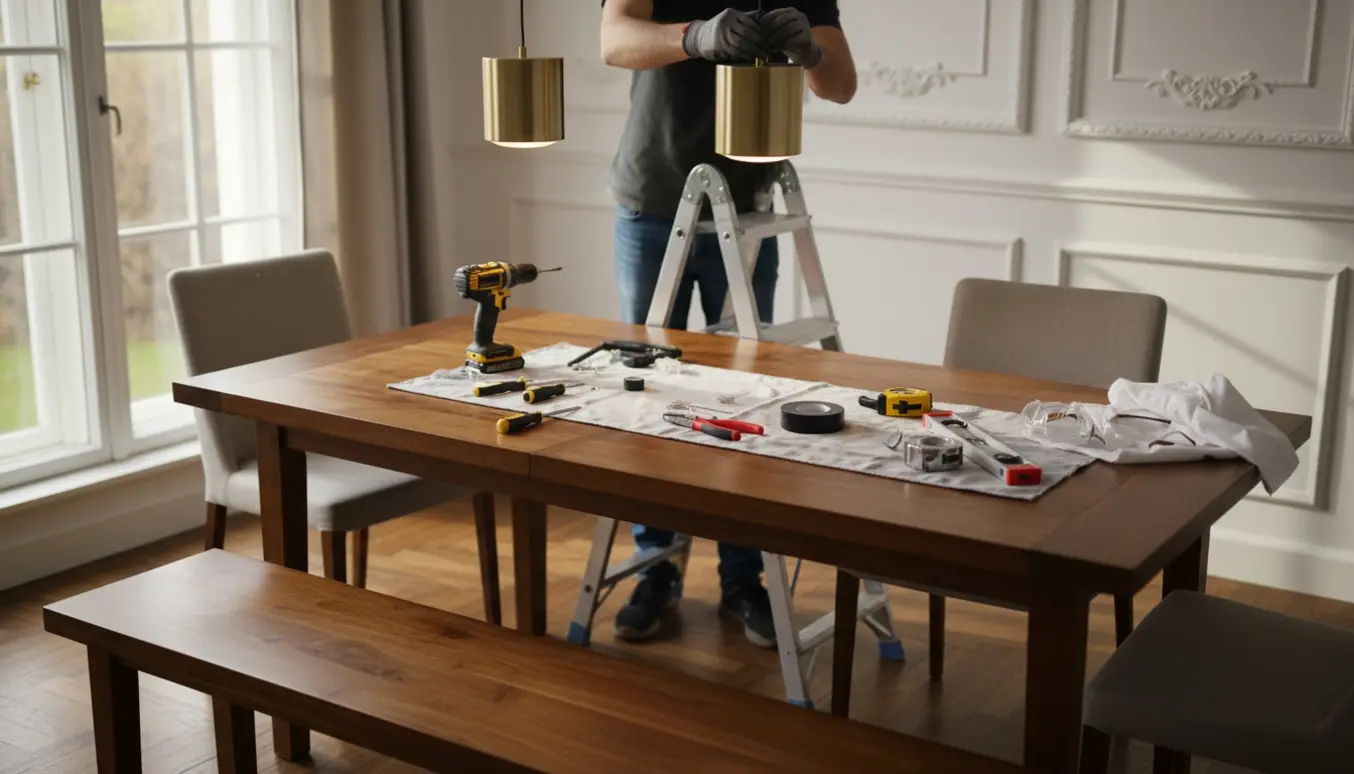 Hænder monterer en lampe tæt ved dekorativ stuk over et spisebord med værktøj og beskyttelse i nærheden.