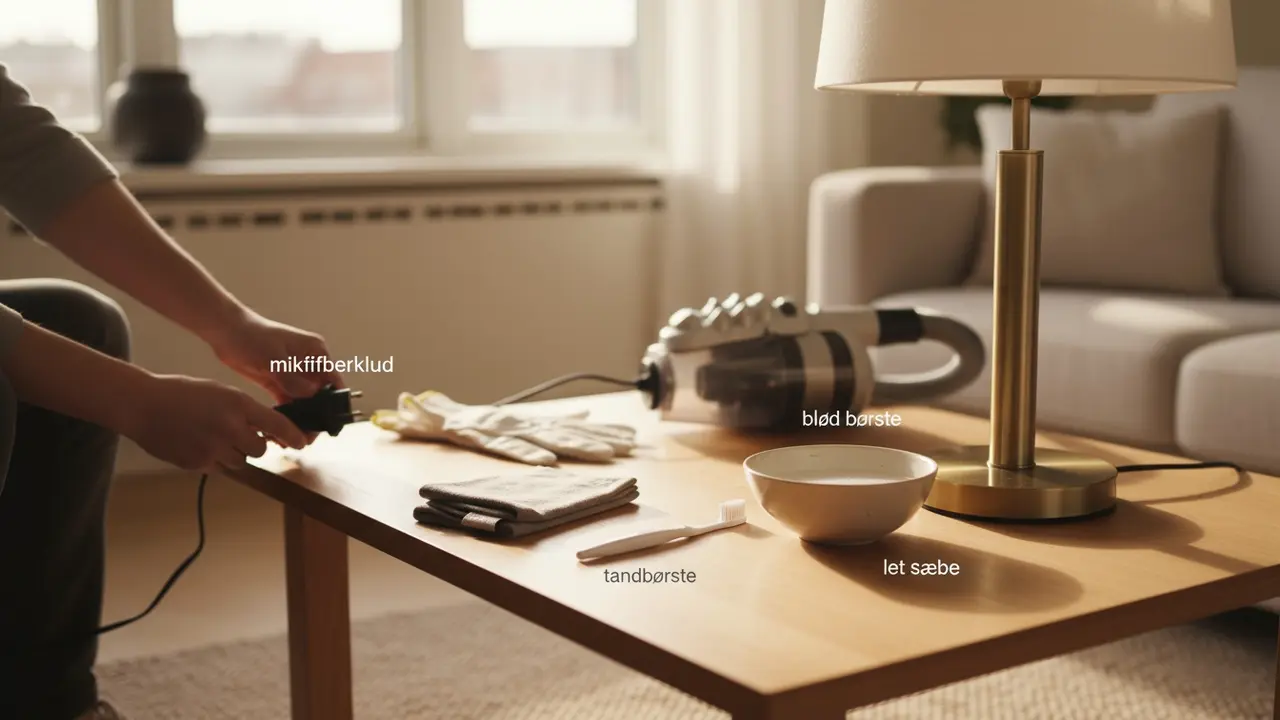 Hænder, der trækker en lampe ud af stikkontakten ved siden af rengøringsredskaber til lamper.