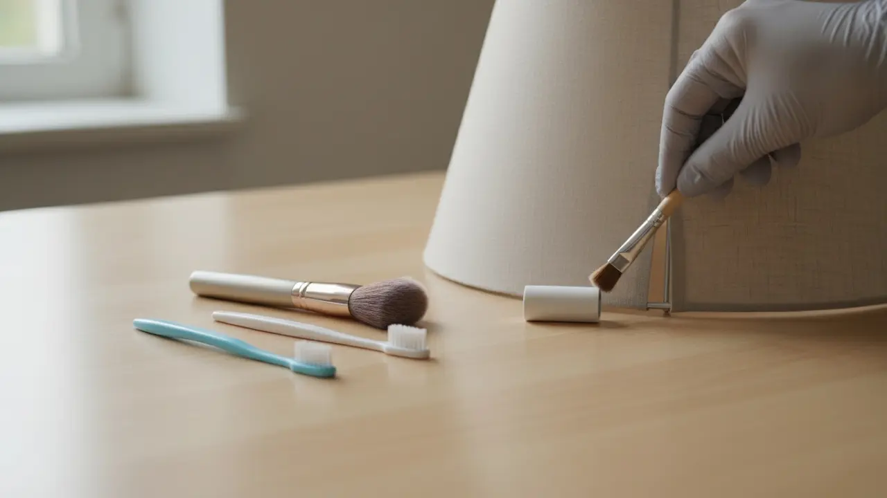 Nærbillede af små børster og en fnugrulle ved siden af en lampeskærm og en handske på en hånd.