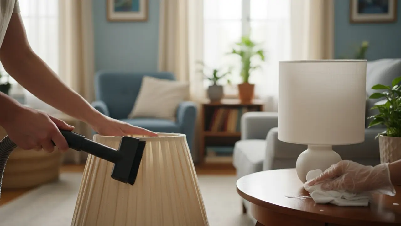Hænder der støvsuger en stoflampskærm med blødt børstehoved og dupper en plet med en let fugtet klud.