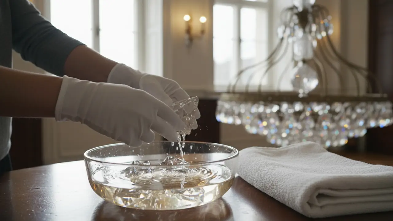 Hænder i handsker tager en prisme ud af en balje med lunkent sæbevand og et viskestykke klar til tørring.