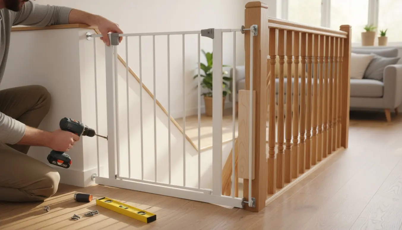 Nærbillede af hænder, der monterer et babygitter ved en asymmetrisk trappeåbning med bor, beslag og trækile.